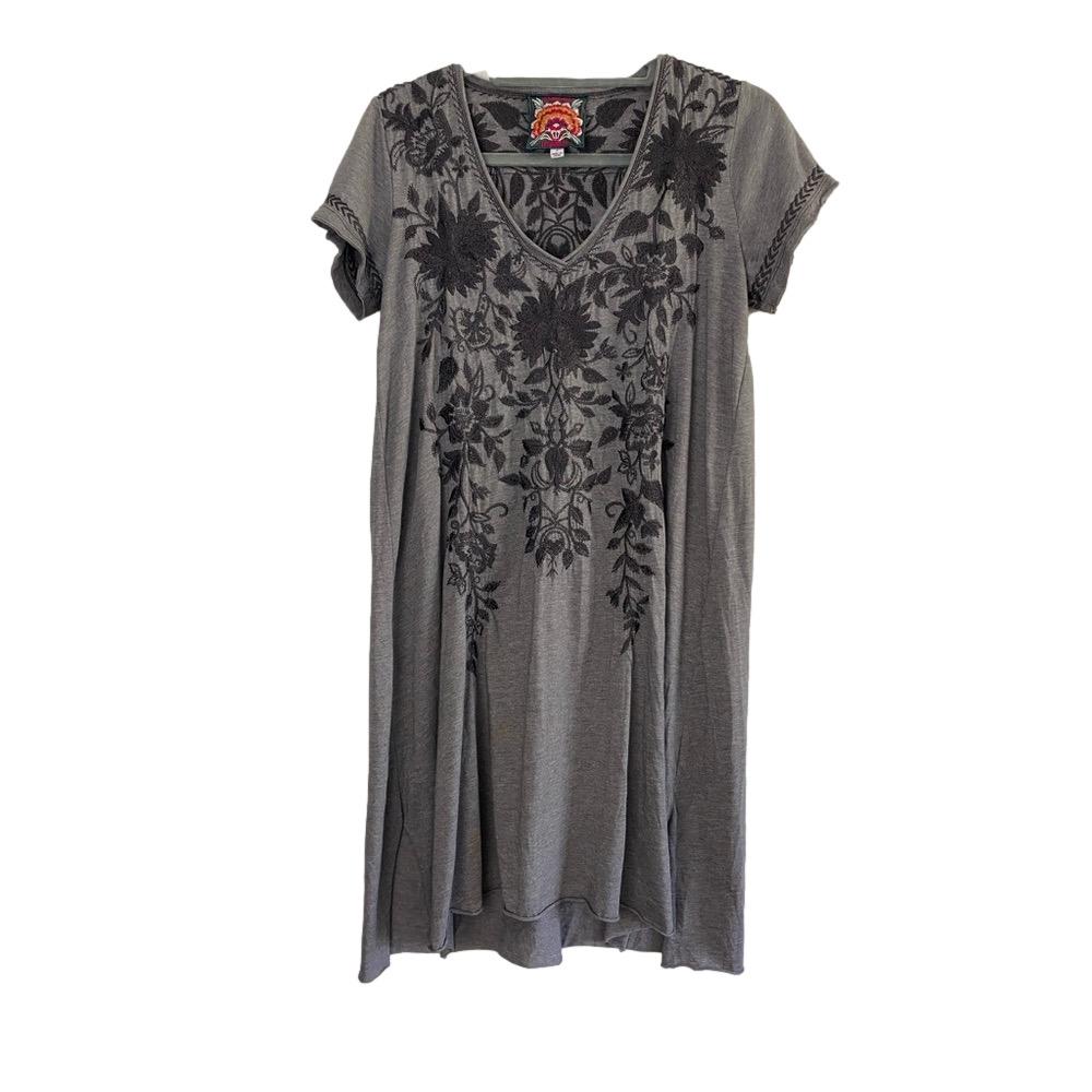 JOHNNY WAS Simona Draped Above Knee Mini Dress in Grey and Black Women’s Sz Sm